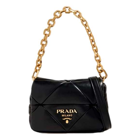 Prada Gold Logo Black Quilted Nappa Patch Leather Small Shoulder - Picture 1 of 4